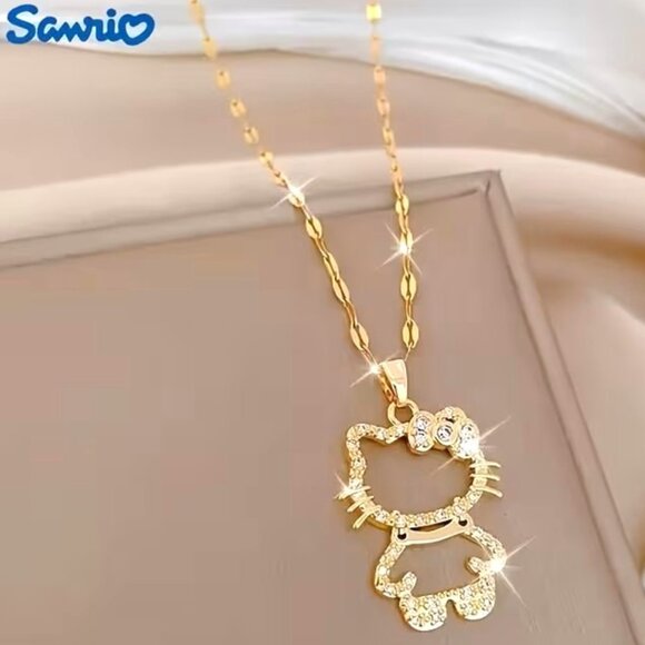 Hello Kitty Sanrio Rhinestone Necklace Jewelry - Hello Kitty Necklace Chain Pendant Rhinestone UV Plating. 🥰😻Gold Trendy Cute